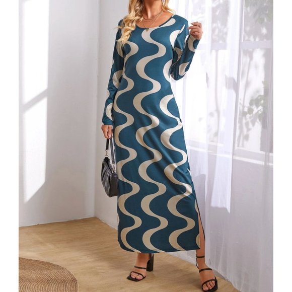 Wave Print Split Hem Fitted Dress - Picture 1 of 5